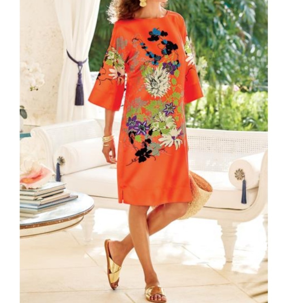 Soft Surroundings dress floral Polynesian satin kimono knee length shift XL